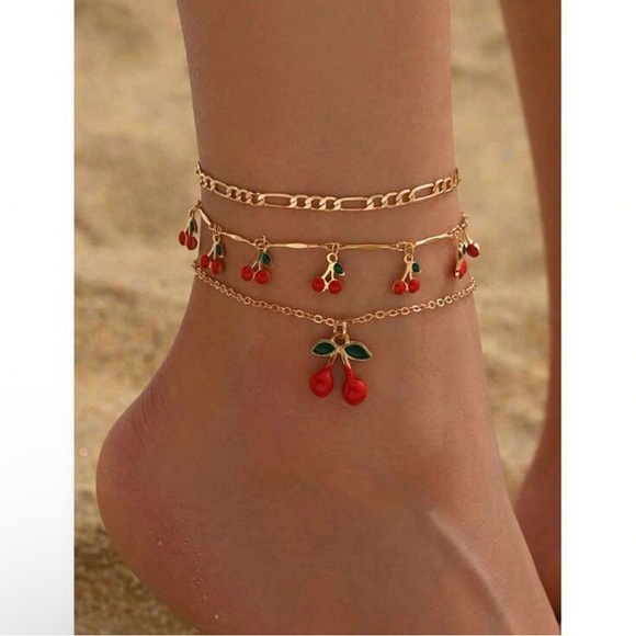 Chengy Jewelry - 3 Piece Cherries Anklet Bracelet Set